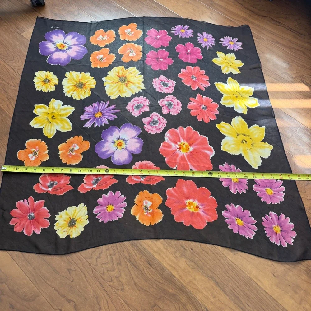 Vintage Floral Square Scarf Black Sheer Purple Yellow Orange Daisy Silk Echo